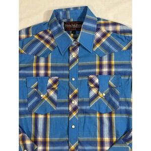 Rock & Roll Denim Shirt‎ Mens S Long Sleeve Plaid Western Pearl Snap Modern Fit